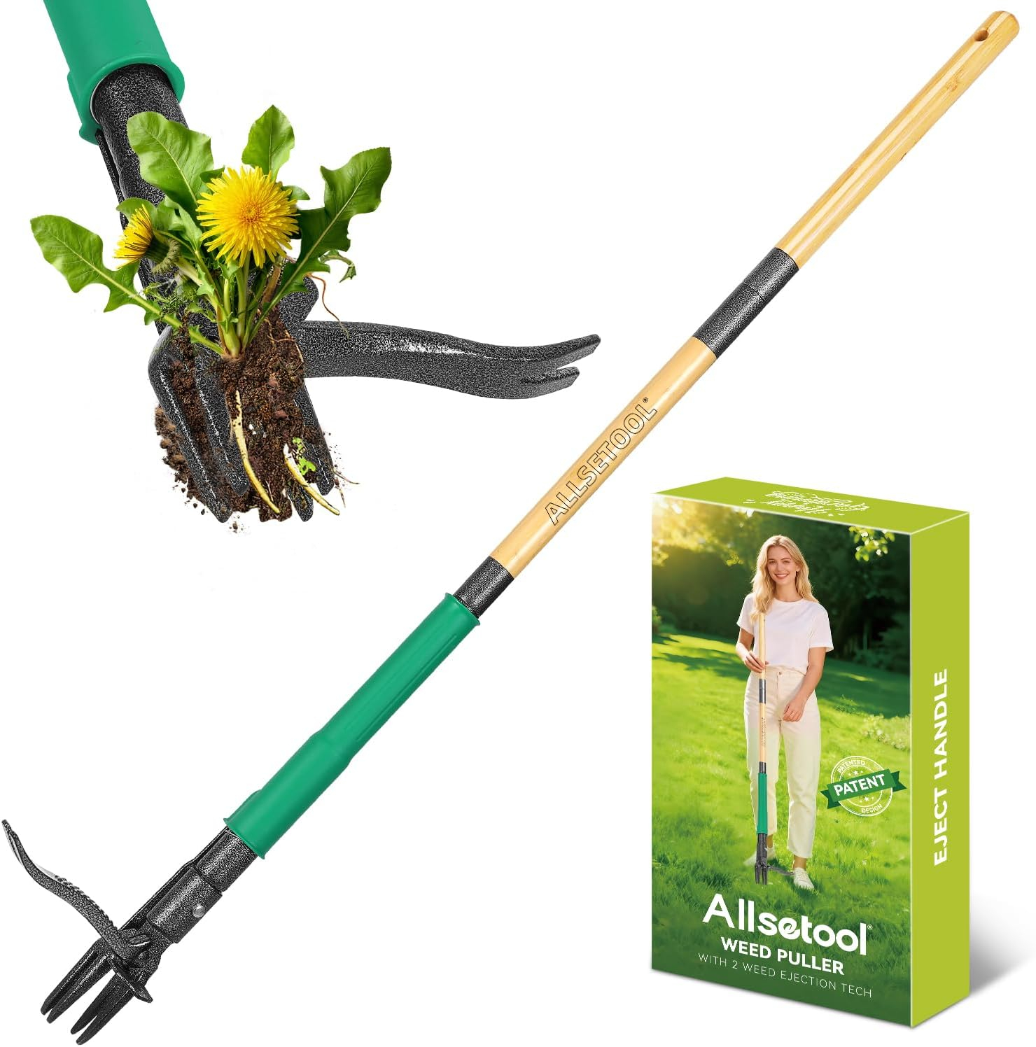 69ecdc880346fc9c169795b98107ad94c01716129df503da6b1e2.jpg Weed Puller Tool with 2 Weed Eject Feature, 43.7in Stand Up Dandelion Remover Tool, Real Bamboo Handle and Metal 4 Claw & Foot Pedal, Heavy Duty Garden Weeder