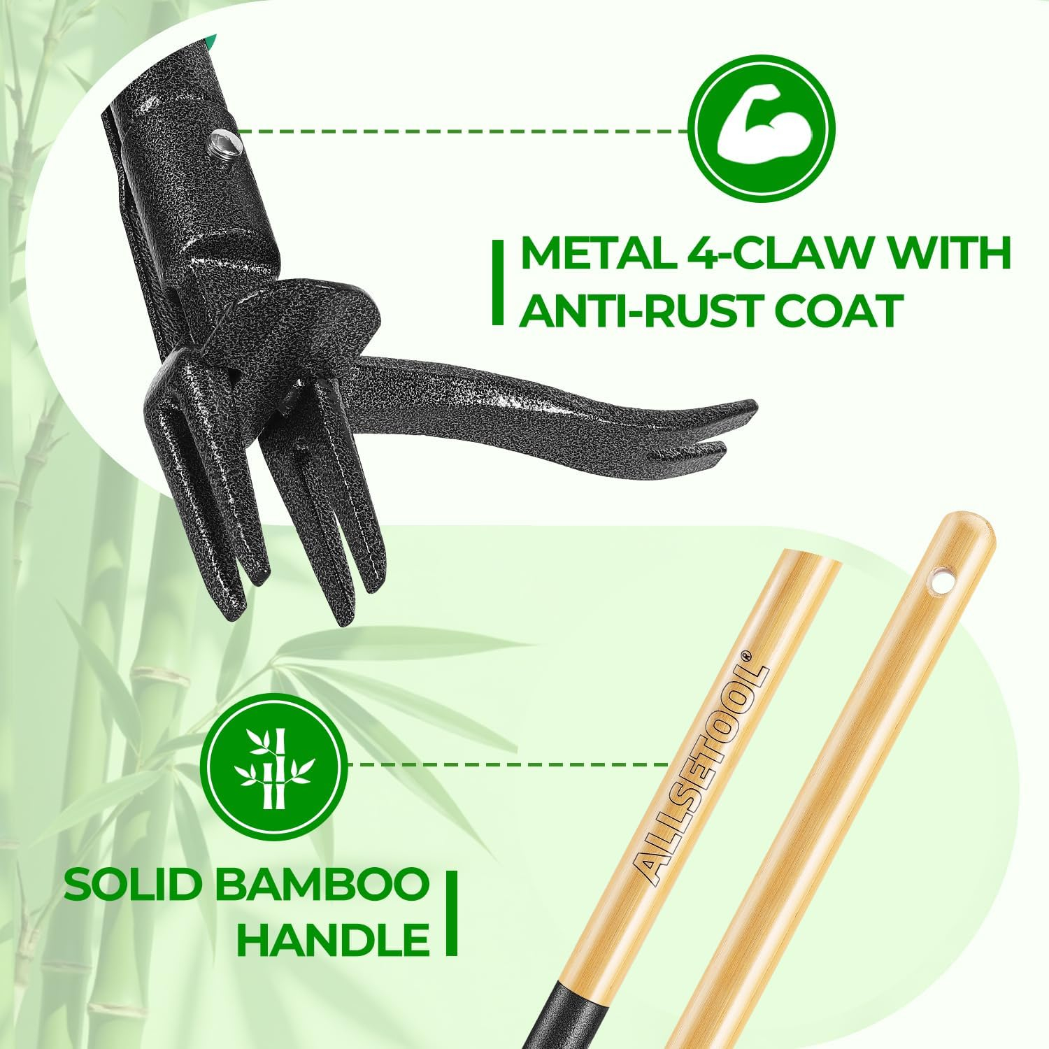 69ecdc8858b76dc9919e61f0fbca5202f9a389e1b714784f8ef87.jpg Weed Puller Tool with 2 Weed Eject Feature, 43.7in Stand Up Dandelion Remover Tool, Real Bamboo Handle and Metal 4 Claw & Foot Pedal, Heavy Duty Garden Weeder