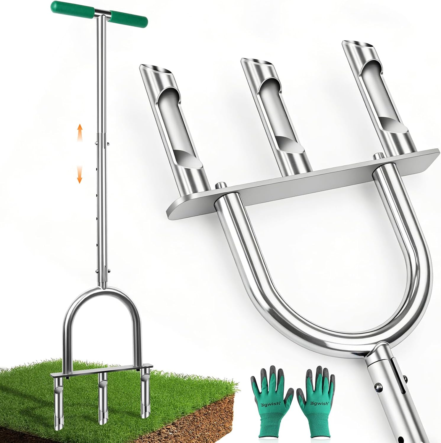 69ecdd3e23c320bda46d7967309d80575968347bf2f4e4fe5e5d5.jpg Manual Lawn Aerator Tool with 3 Hollow Tines, Adjustable Height Stainless Steel Core Aerator, Heavy Duty Plug Aerator for Lawn Soil Compaction Relief, Yard Aeration Tool