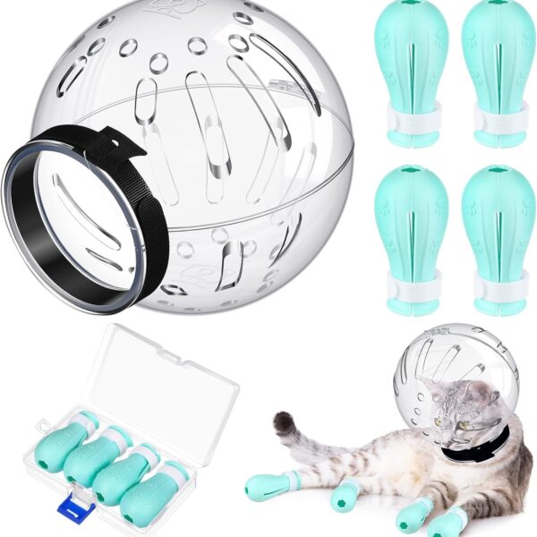6abcb38e8aafaf32926d19a4cbfb739e29a6cc84246791b9b4866.jpg Cat grooming set with one transparent hood and four paw covers