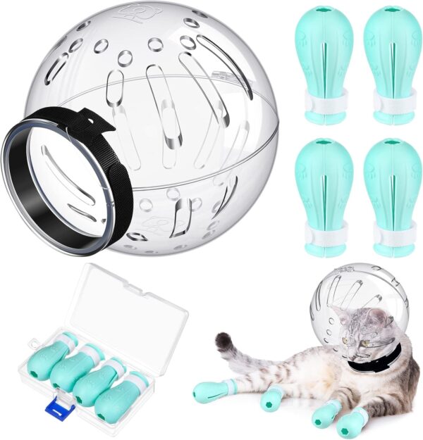 6abcb38e8aafaf32926d19a4cbfb739e29a6cc84246791b9b4866.jpg Cat grooming set with one transparent hood and four paw covers