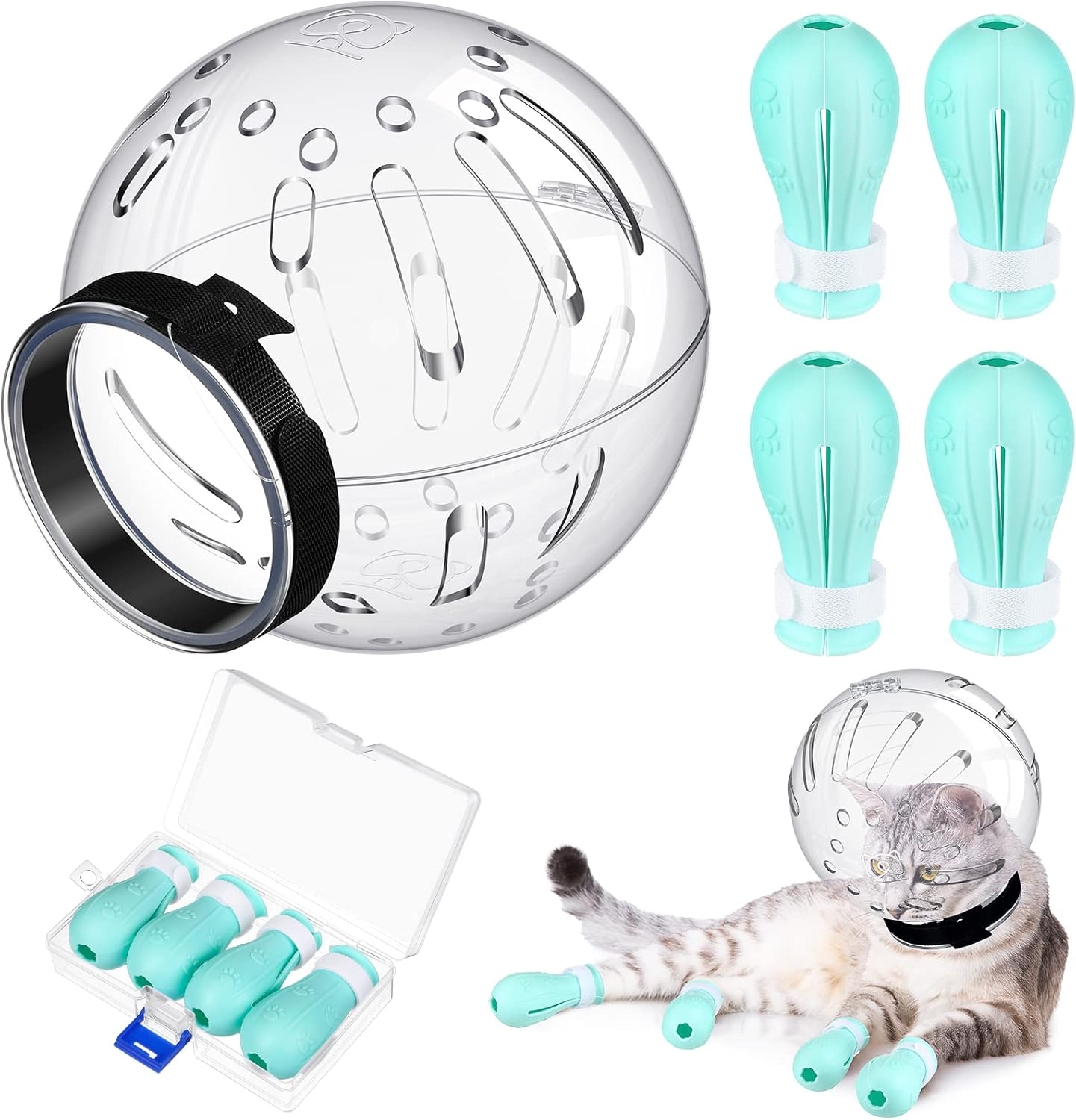 Cat grooming set with one transparent hood and four paw covers