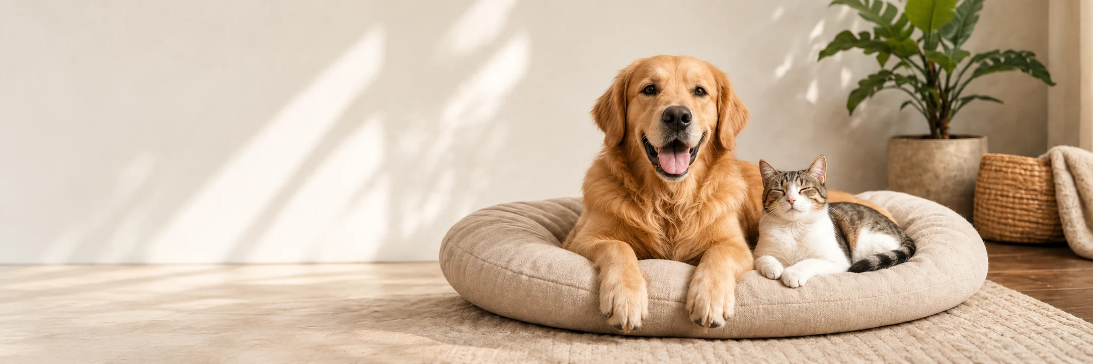 Golden retriever and cat resting together on a beige pet bed